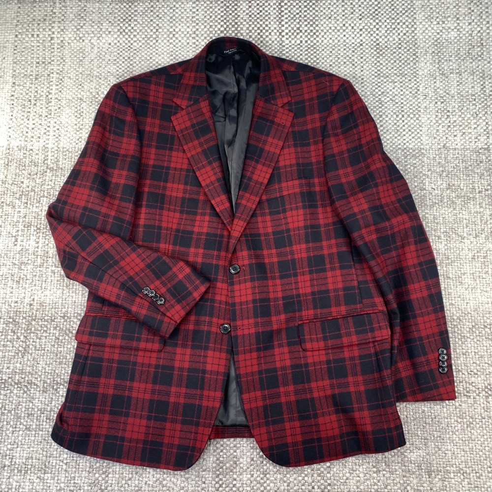 Paul Fredrick Blazer Mens 43R Black Red Plaid 100% Wool Sport Coat JMT007W